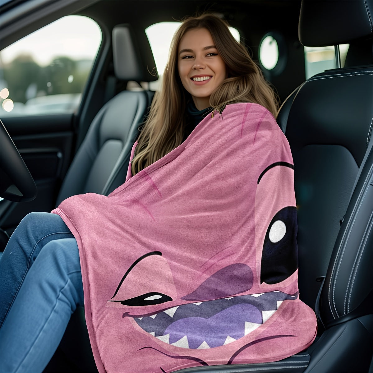 Pink Plush Throw Blanket with Cartoon Design Soft Polyester Knit for Bed Sofa Travel