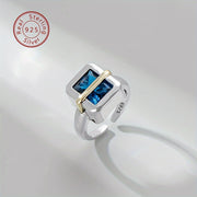 Sterling Silver Square Ring for Women with Blue Artificial Diamond Jewelry Gift