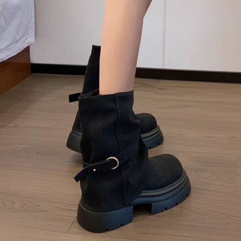 Women's Faux Leather Mid-Calf Retro Slip-On Ankle Boots with Chunky Sole