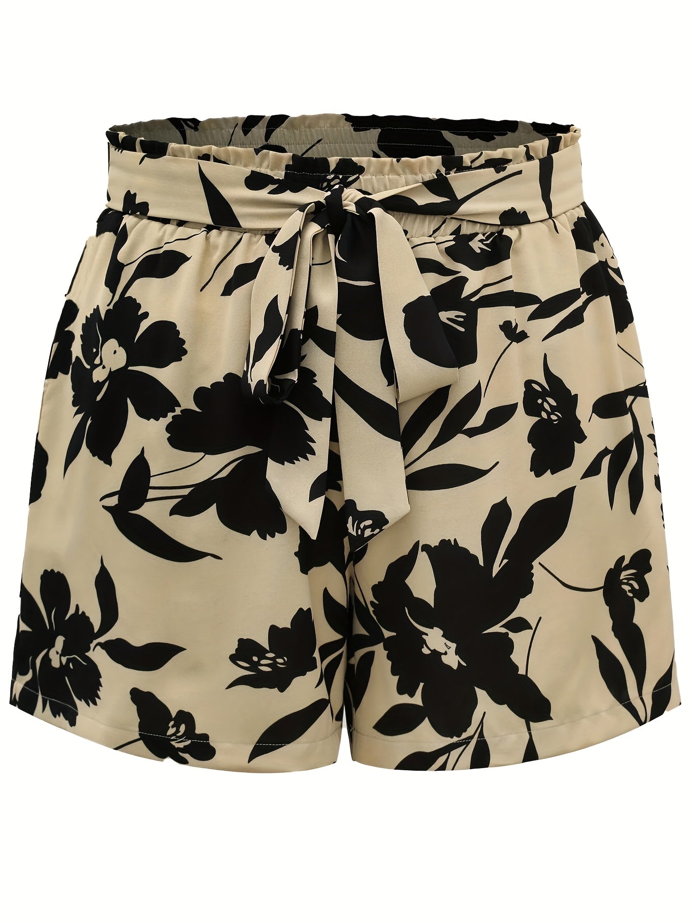 Plus o'lchamli gul bosmaqli shortlar elastik bel, kundalik yozgi bej va qora