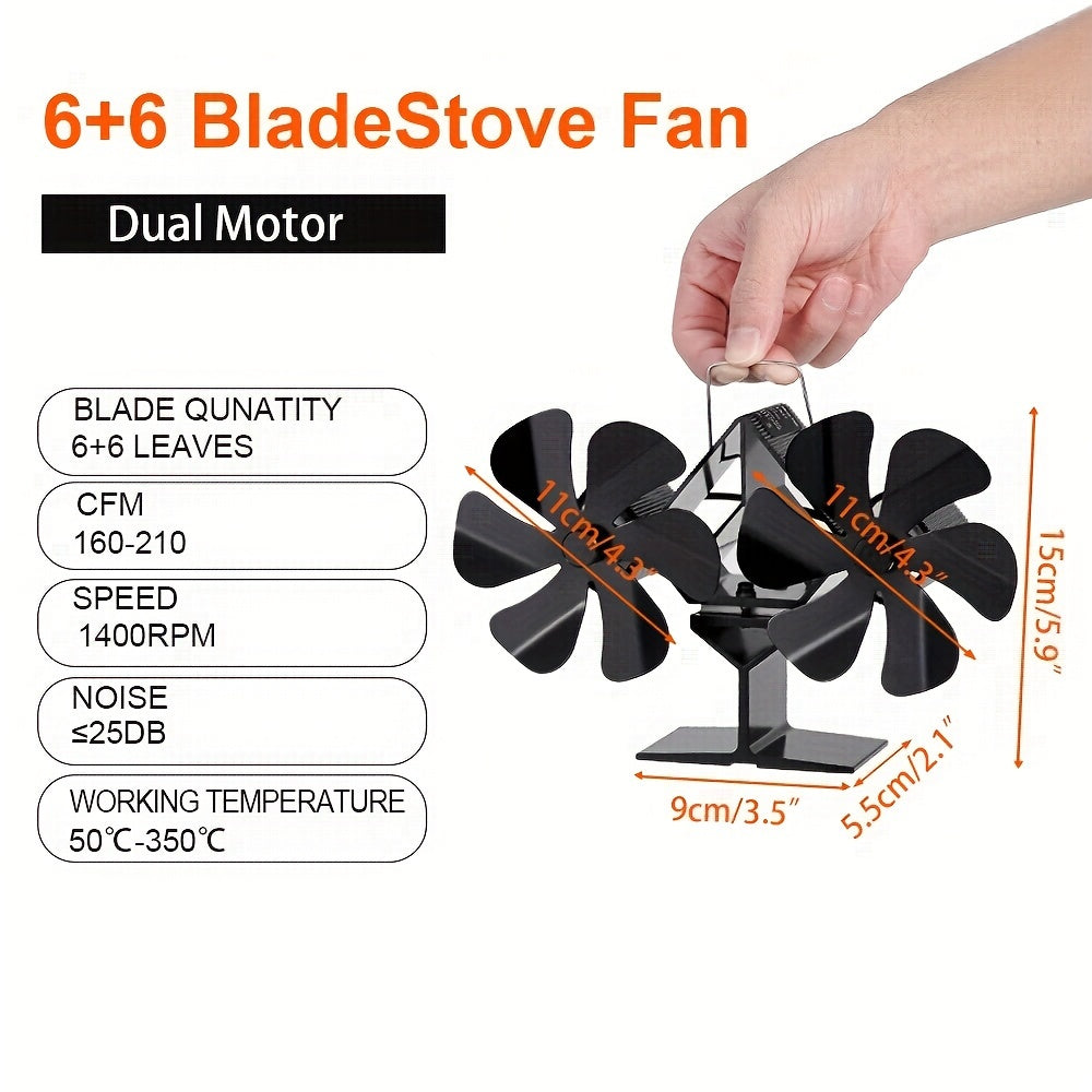 Fireplace Fan with Thermometer, Double-Headed 12-Blade, Heat-Powered Stove Accessory