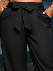 Pantalones anchos de algodón elástico para mujer talla grande con bolsillos negro