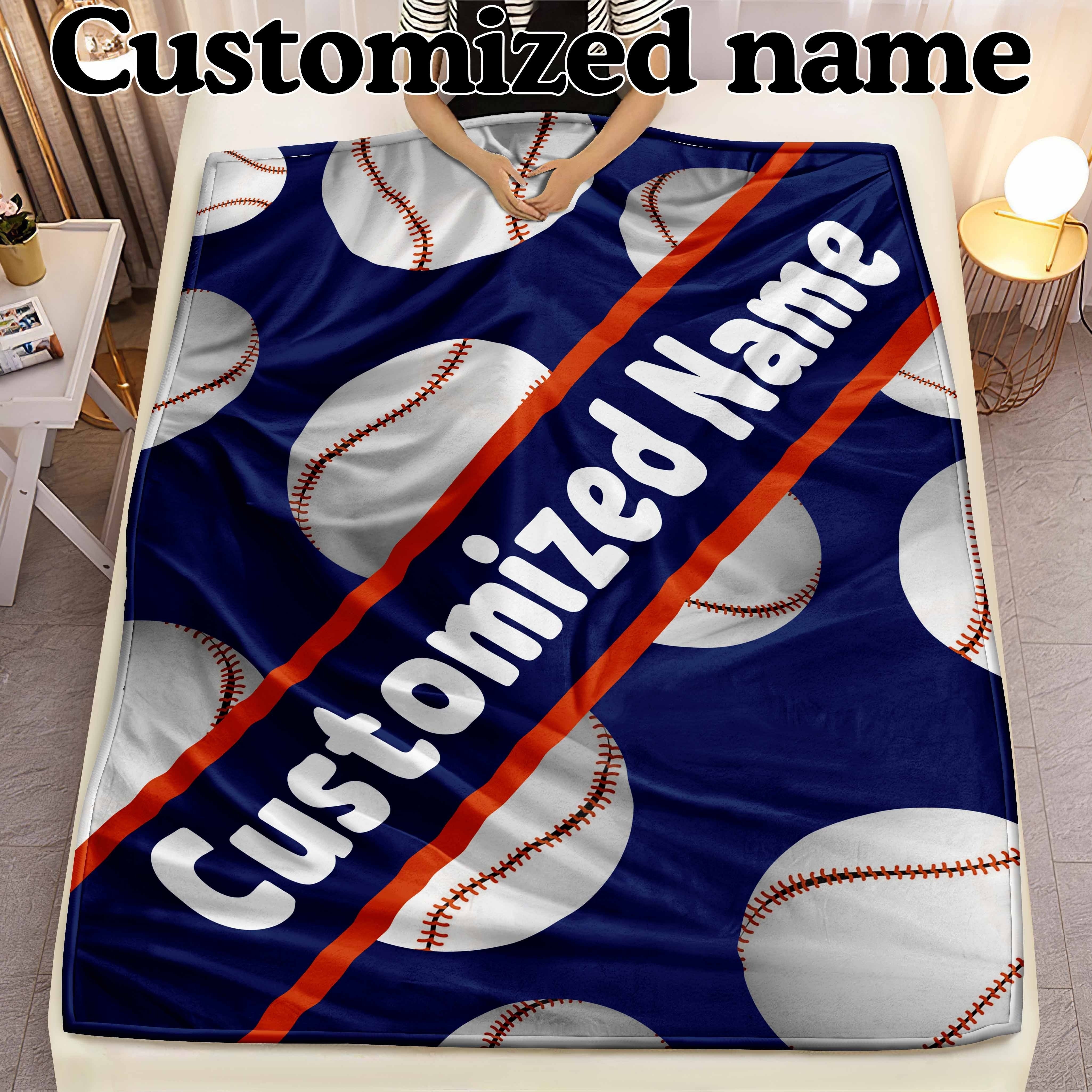 Personalized Fleece Baseball Blanket with Custom Name Reversible Sports Throw Lightweight All-Season Sofa Camping Travel