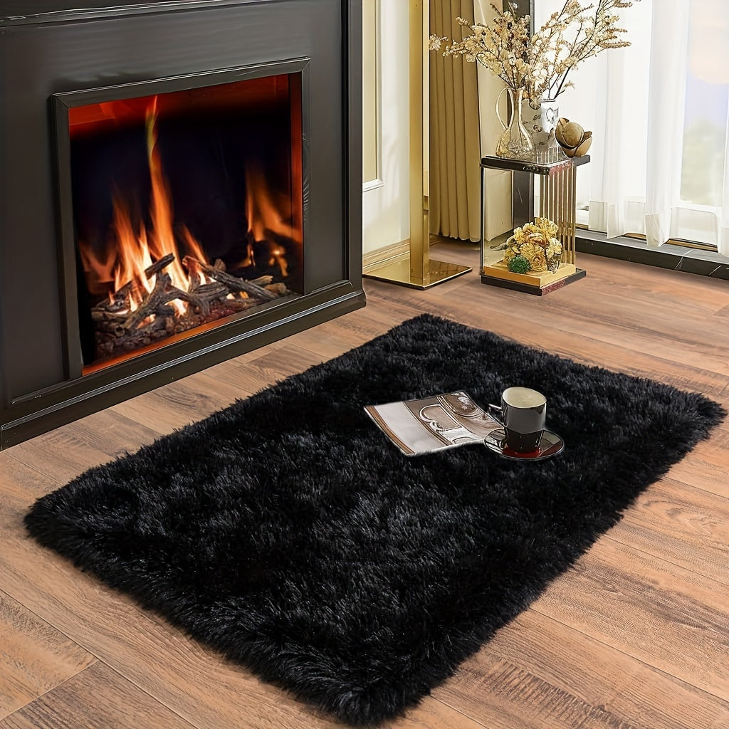 Black Faux Fur Area Rug, Soft and Luxurious Rectangle Floor Covering for Living Room and Bedroom