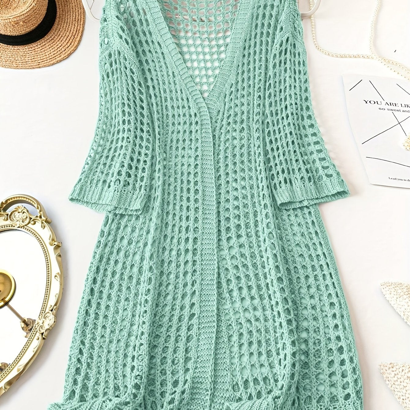 Women Plus Size V-Neck Cardigan Acrylic Hollow Knit Solid Spring Summer