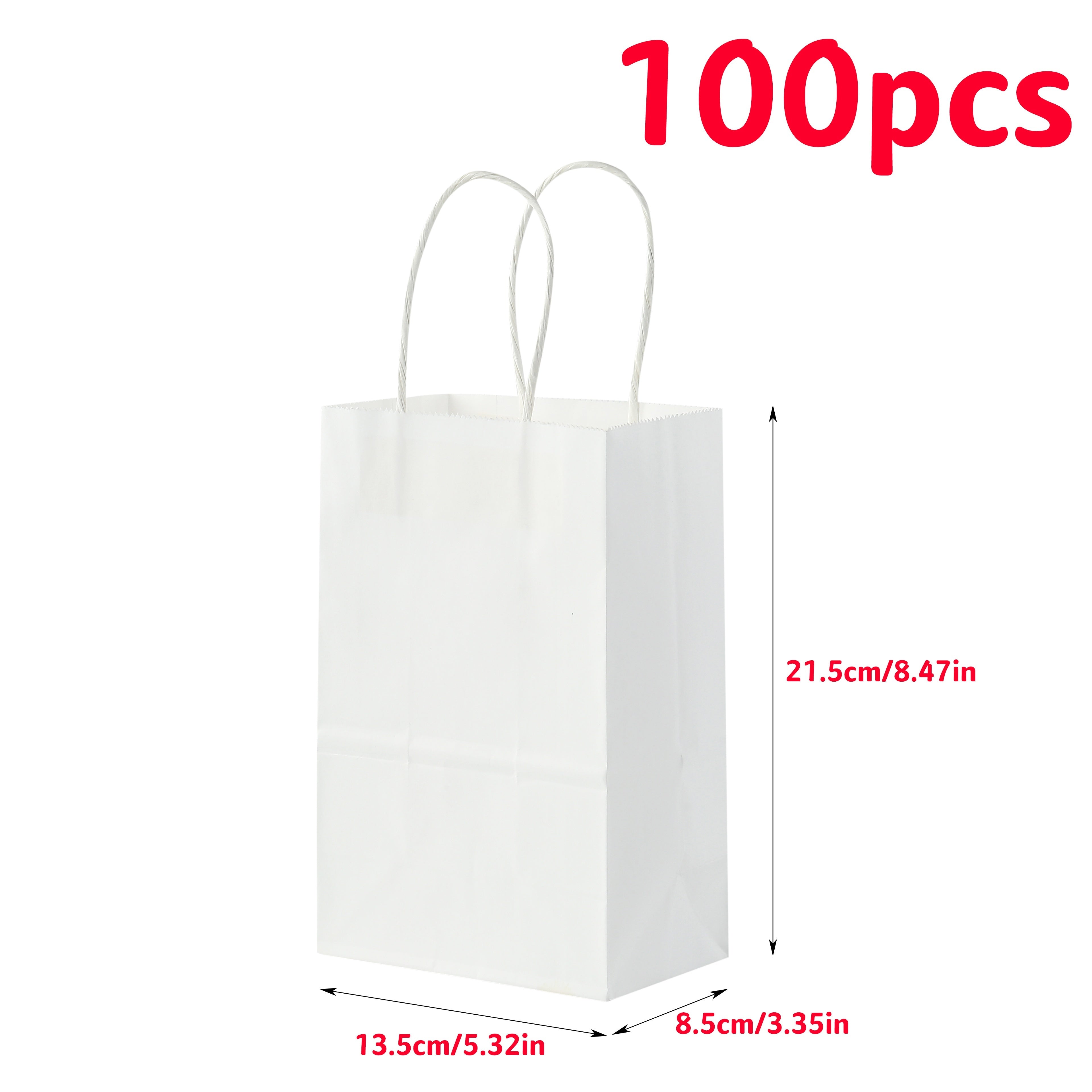 White Kraft Paper Tote Bags with Handles Set of 100 for Food Take Out Gift Wrapping