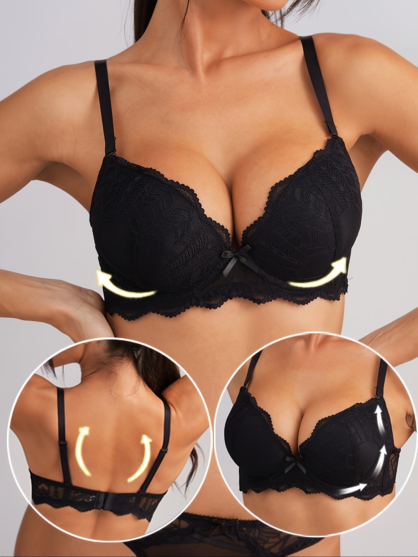 Women's Lace Push Up Bra with Underwire and Bow Detail Comfortable Breathable Lingerie
