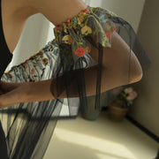 Black Bridal Shawl with Colorful Lace Trim and Sleeves for Wedding