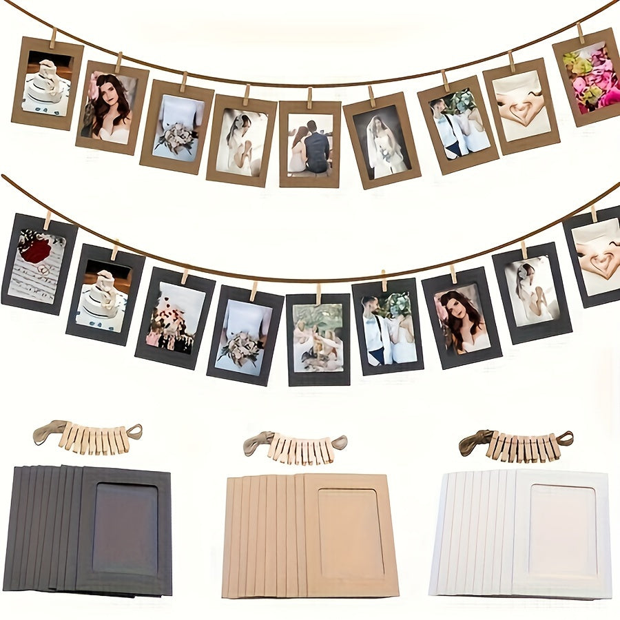 Vintage Cowhide Photo Frame Set with Line Clips and Banner Garland for Home Decor