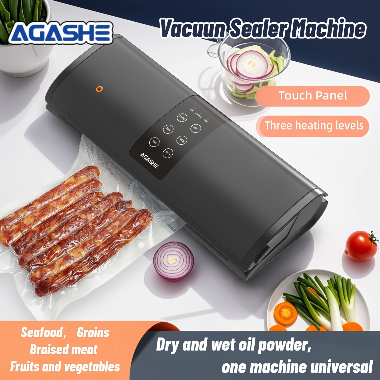 1 dona Vacuum Sealer Machine, Touch Panel bilan, 3 ta issiqlik sozlamasi, 220-240V Evropa plugi, Batareyaga ehtiyoj yo'q, 25x500cm o'lchamdagi roll sumkalar bilan, oshxona uchun kichik va portativ, Bir bosish bilan oziq-ovqat