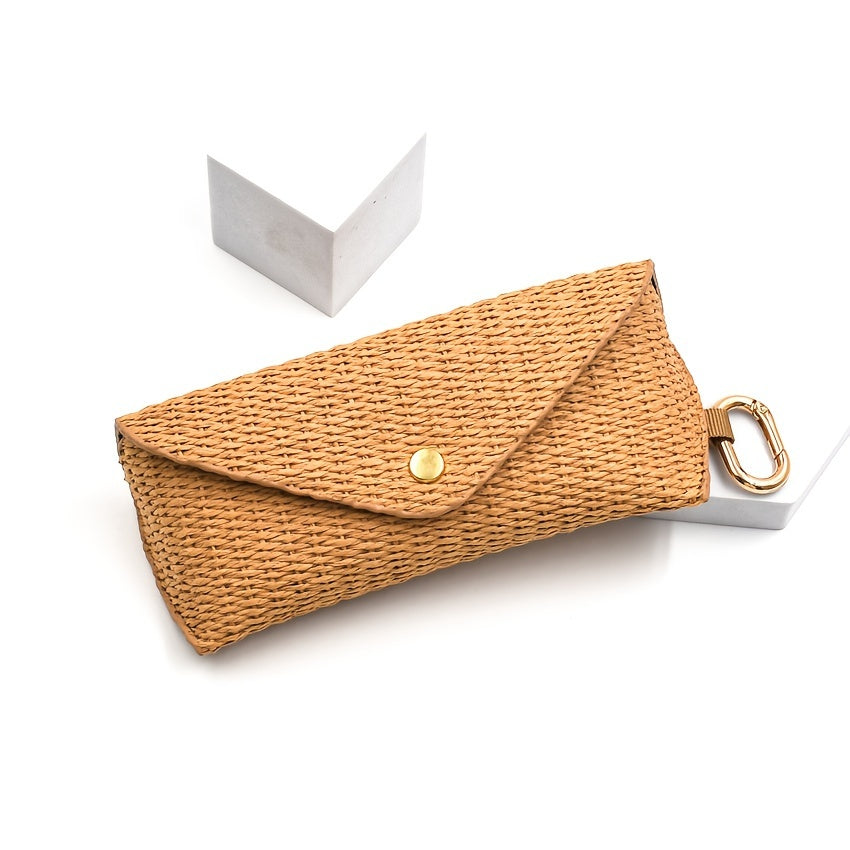 Woven Straw Eyeglass Case for Women with Protective Sleeve and Hook