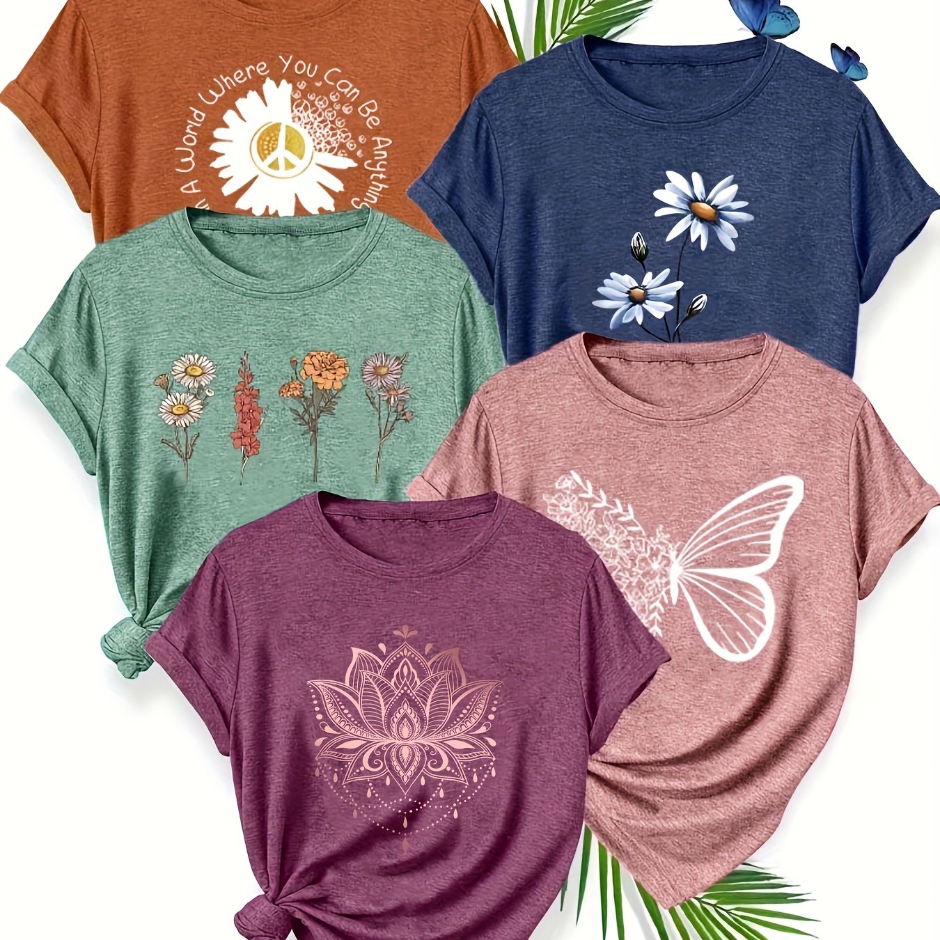 Women's Short Sleeve T-Shirts 5 Pack Breathable Geometric Floral Prints