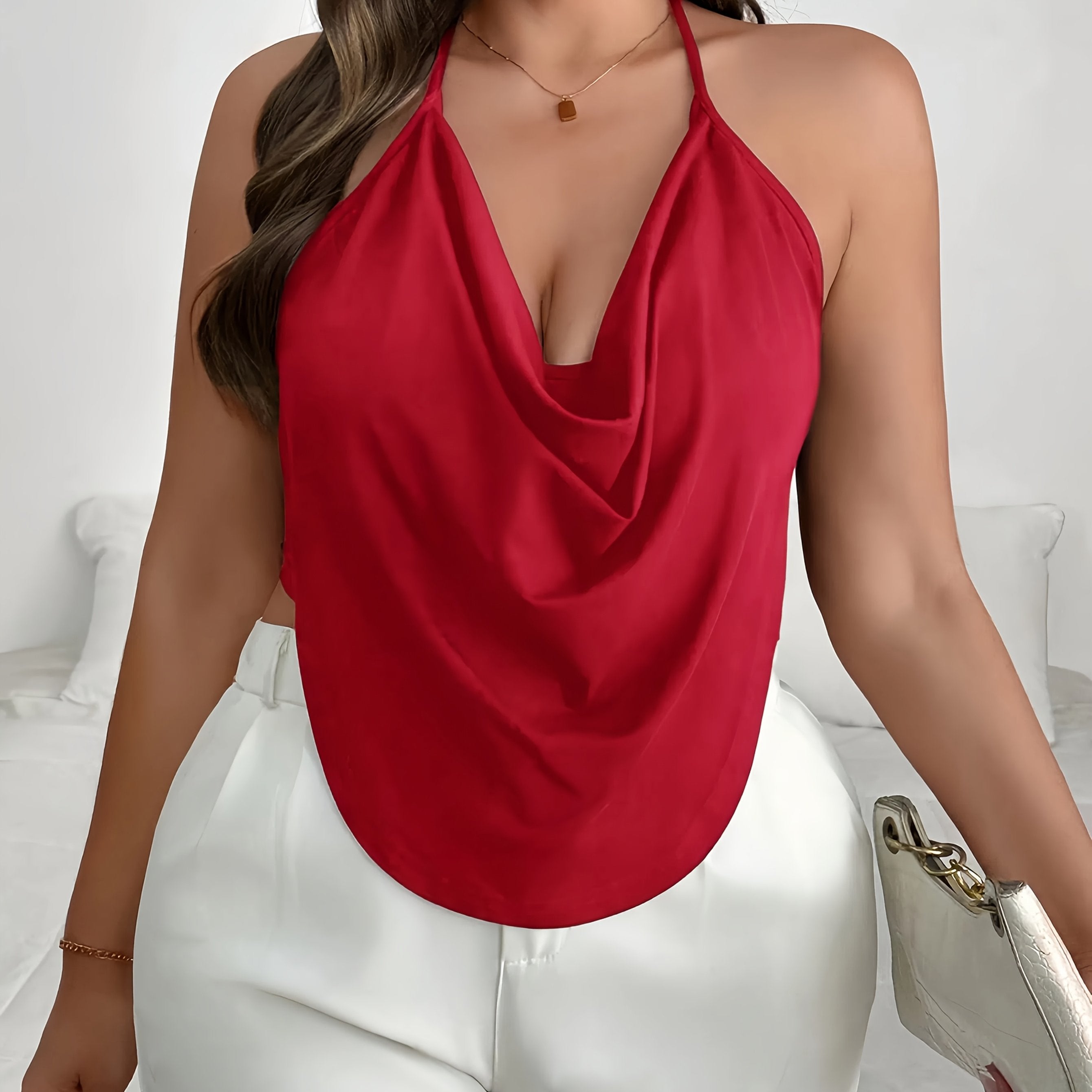 Plus Size Red Halter Neck Tank Top Ruched Bust Sleeveless Stretchy Casual