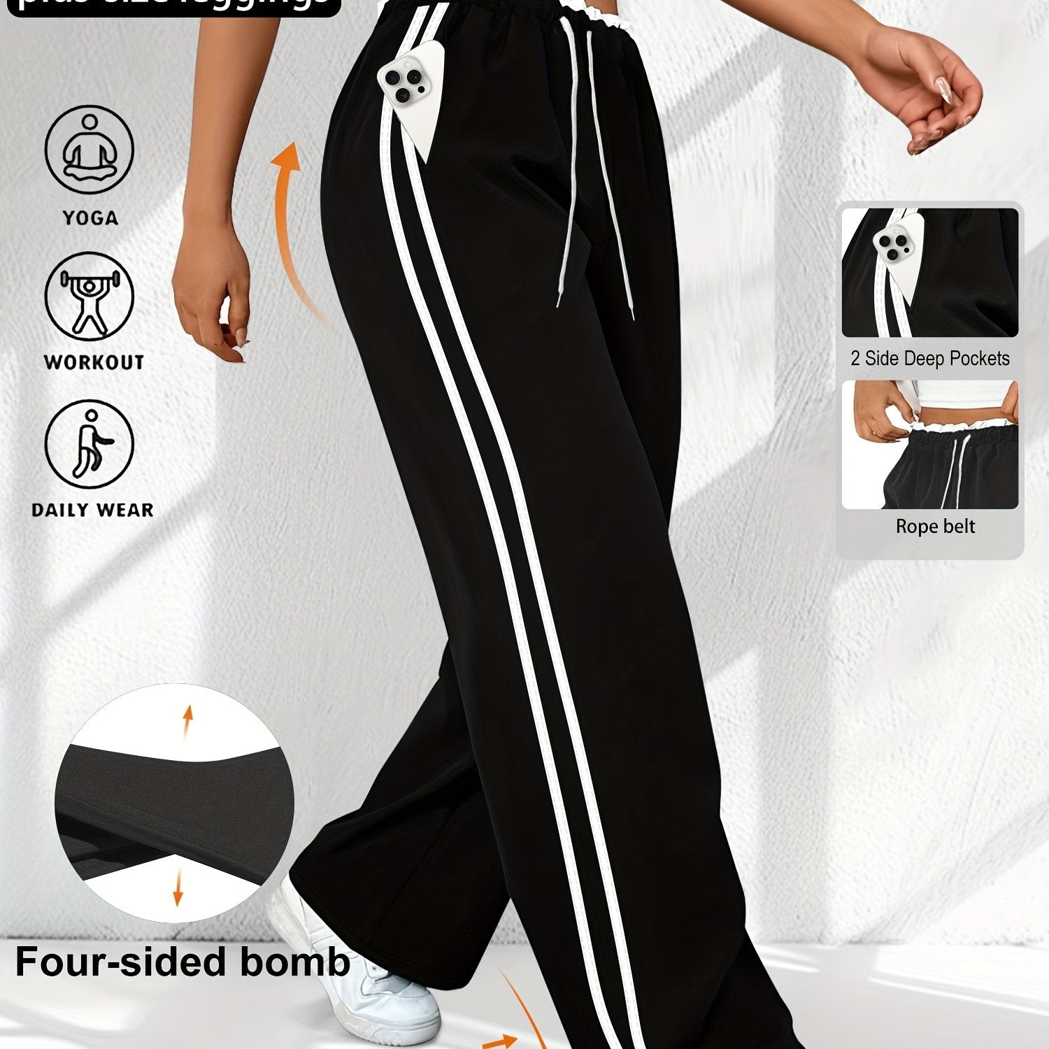 Women's Plus Size High-Waist Striped Joggers with Pockets, 7/8 Length Sports Pants
