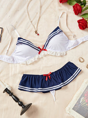 Women's Nautical Ruffle Lingerie Set with Bow Accents