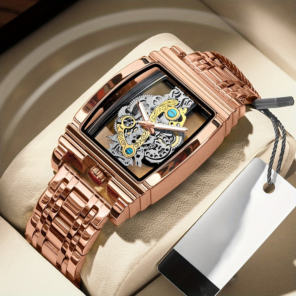 Luxury Men's Quartz Watch with Hollow-Out Stainless Steel Band and Luminous Dial