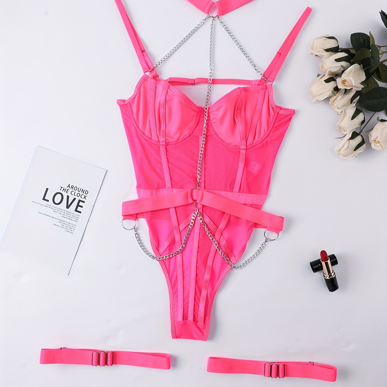 Women's Mesh Halter Teddy with Chain Backless Thong Lingerie