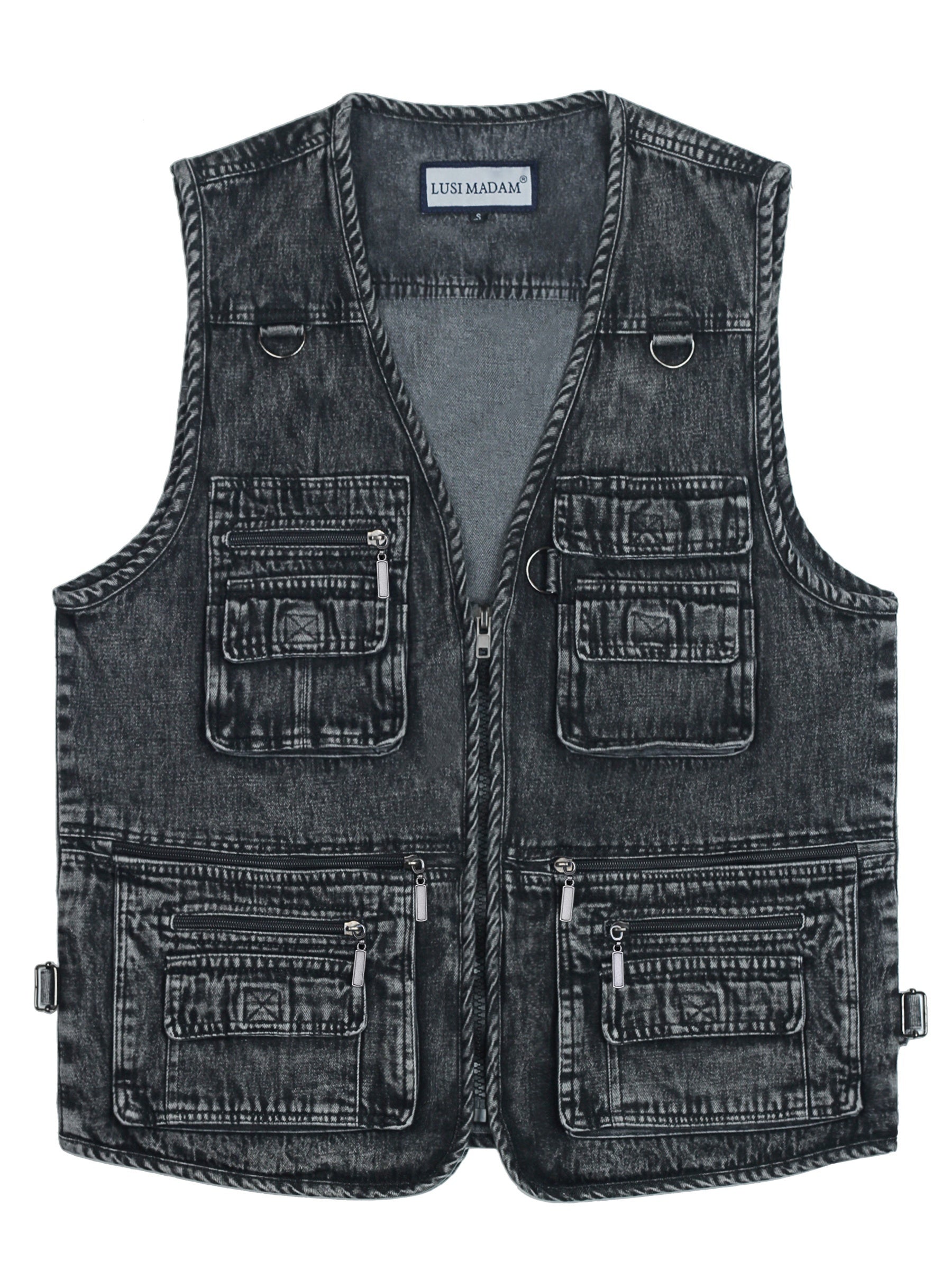 Men's Black Denim Zip-Up Vest with Multiple Pockets for Outdoor Activities