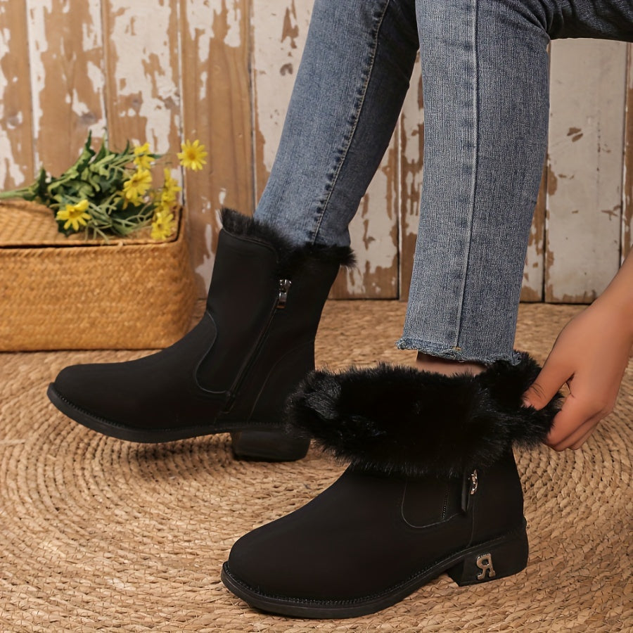 Women's Velvet Frosted Short Snow Boots Thick Heel Non-Slip Mid Calf