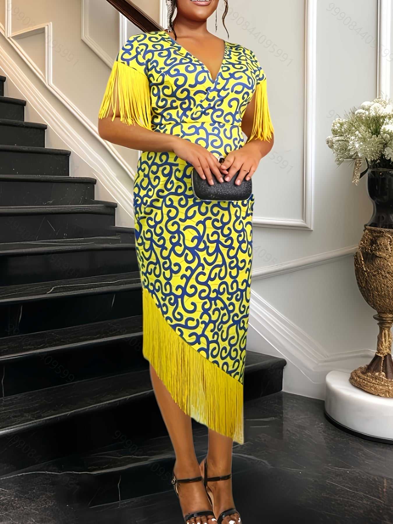 Women’s V-Neck Short Sleeve Party Dress with Abstract Print, Summer Dress