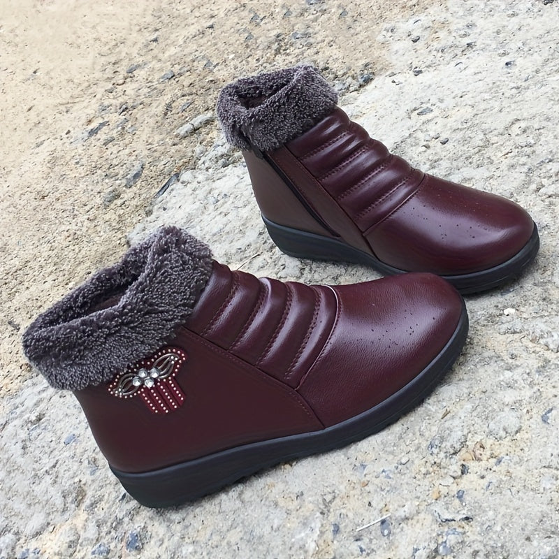 Women's Burgundy Faux Fur Lined Ankle Boots with Non-Slip Sole