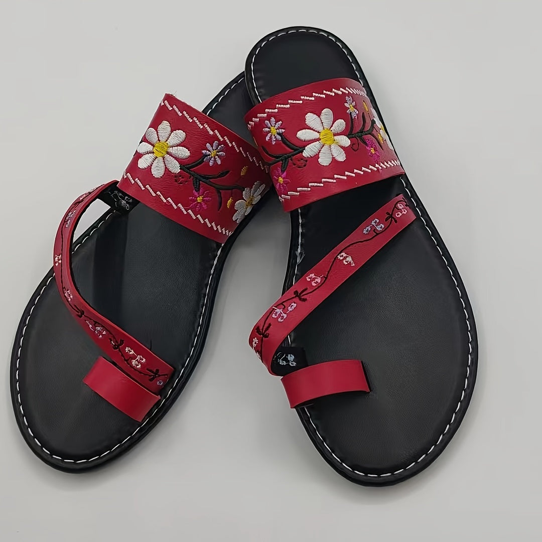 Ladies Open-Toe Embroidered Summer Slippers Breathable Flat Shoes