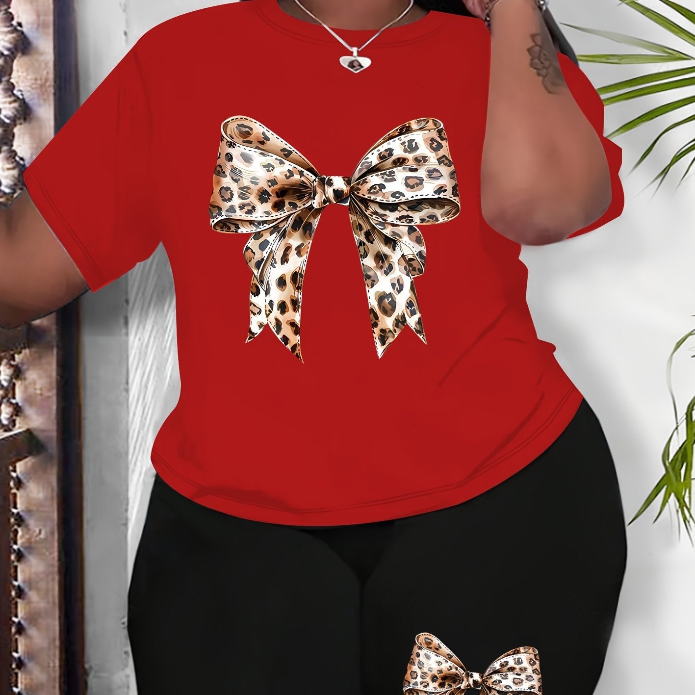 Plus Size Women's Leopard Print Bowknot Casual Sportswear Set