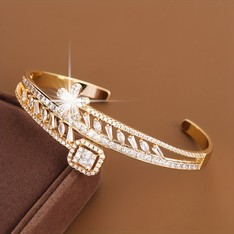 Adjustable Copper Bangle with Peach Blossom Design and Cubic Zirconia Inlay