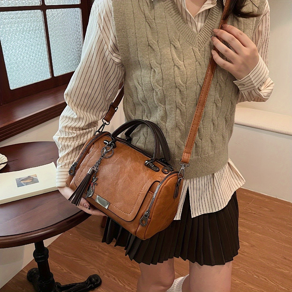 Vintage Crossbody Bag for Women PU Solid Color Casual Shoulder Handbag with Wallet