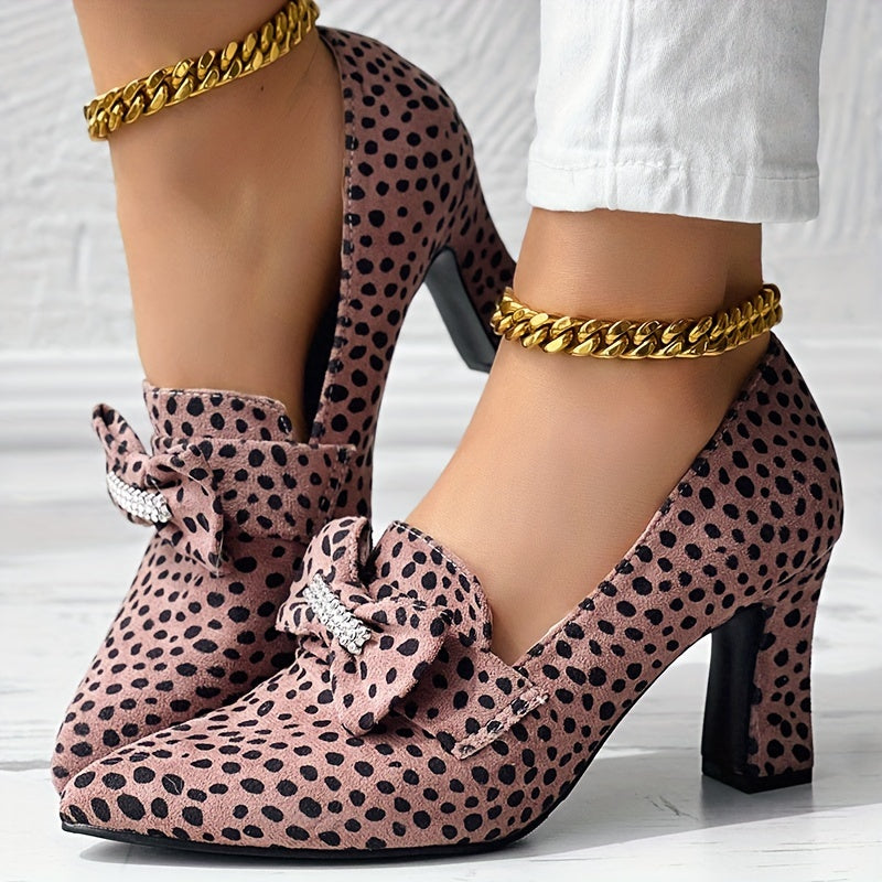 Women's Cheetah Print Pumps Rhinestone Bow Slip-On Pointed Toe Chunky Heels