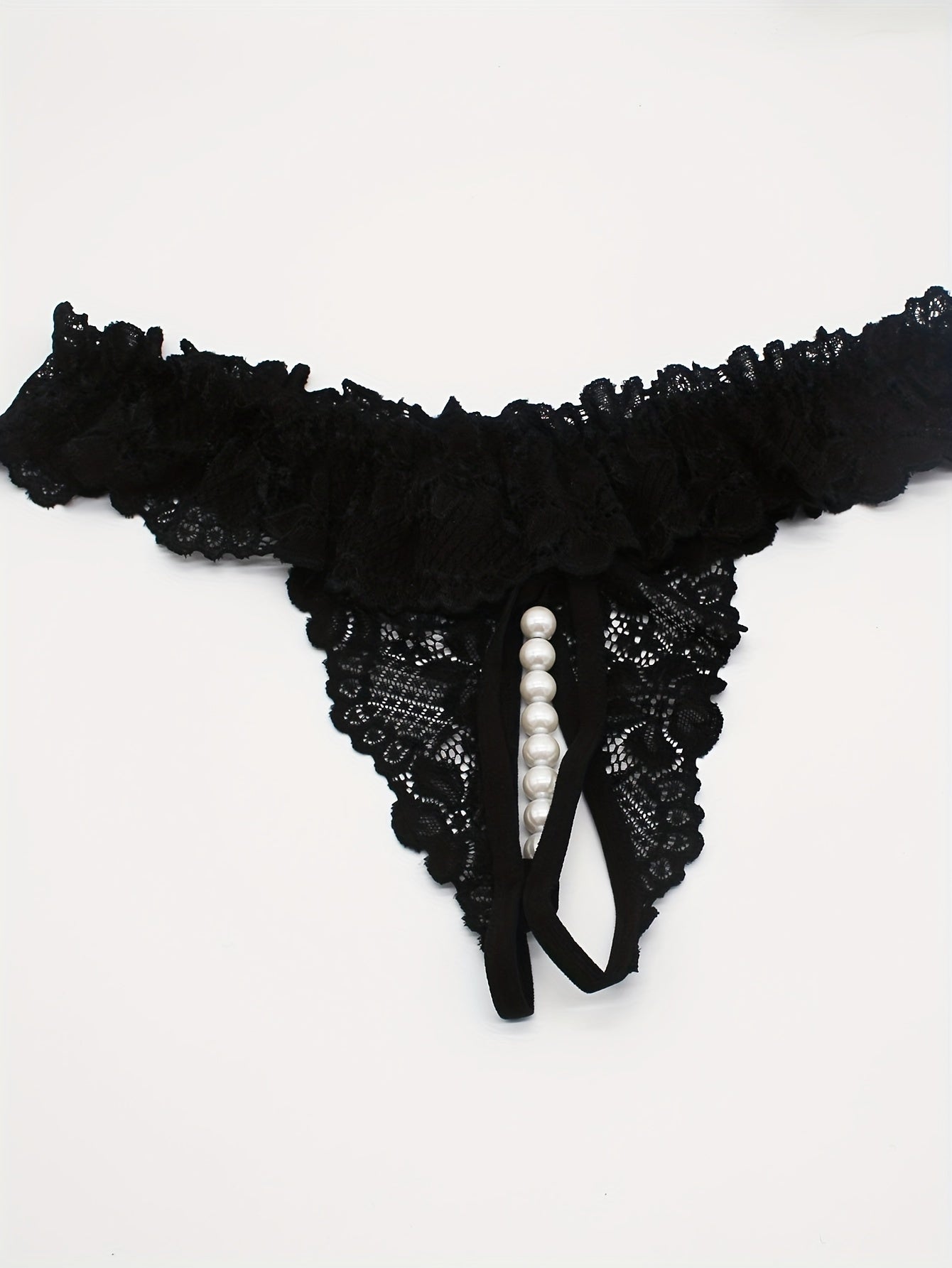 Women's Floral Lace Thong Lingerie with Open Crotch Faux Pearl Panties