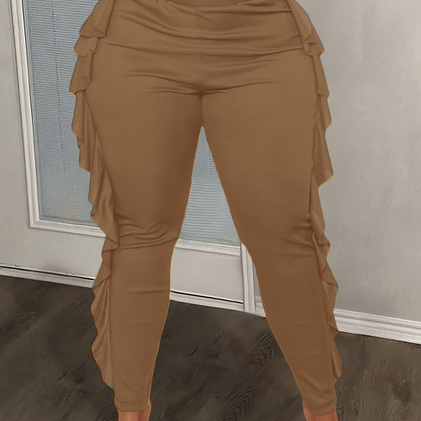 Women’s Knitted Slim Fit Trousers With Side Slit and Ruffles Plus Size