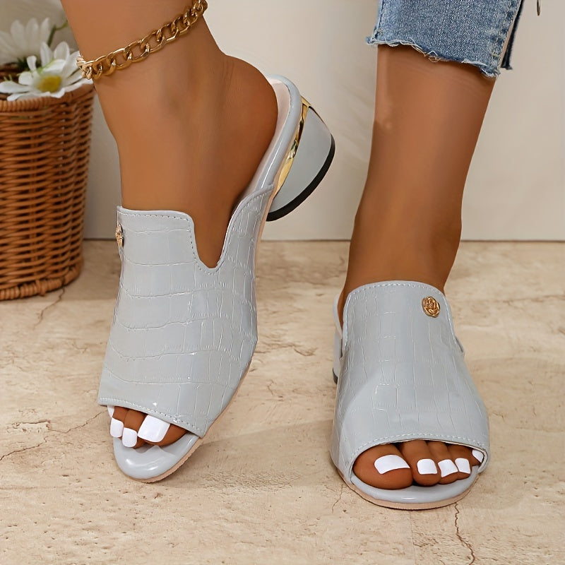 Women's Crocodile Embossed Slide Sandals Casual Peep Toe Chunky Heel