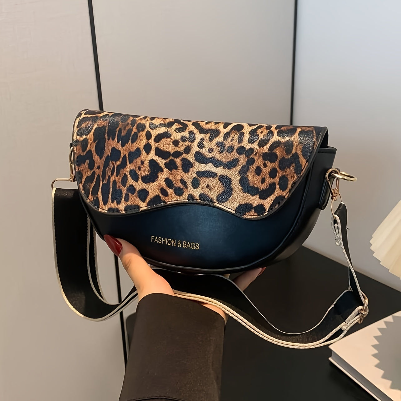 Women's Faux Leather Crossbody Bag with Leopard Print Flap and Magnetic Closure
