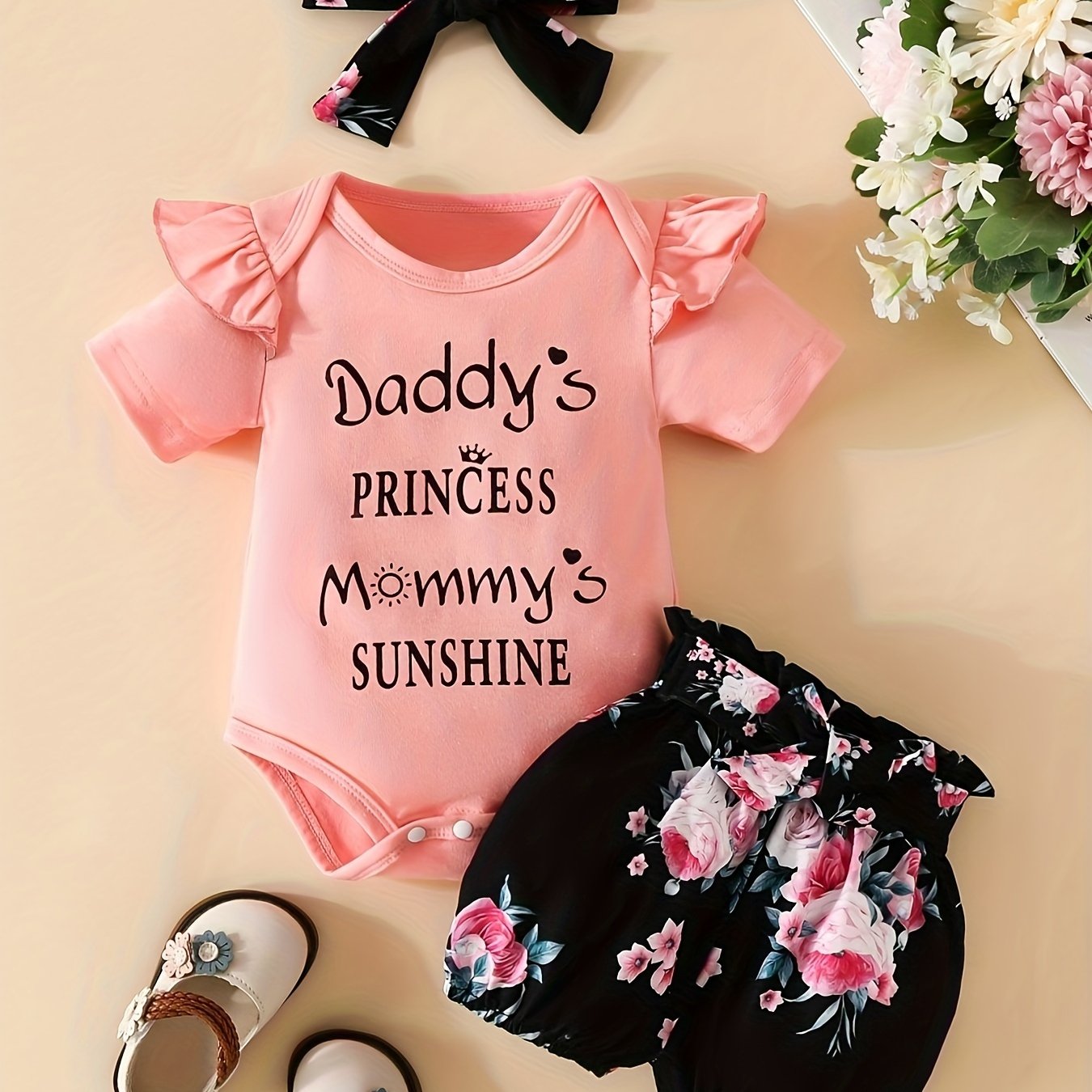 Newborn Girls Summer 3-Piece Clothing Set Letter Top Printed Pants Headband