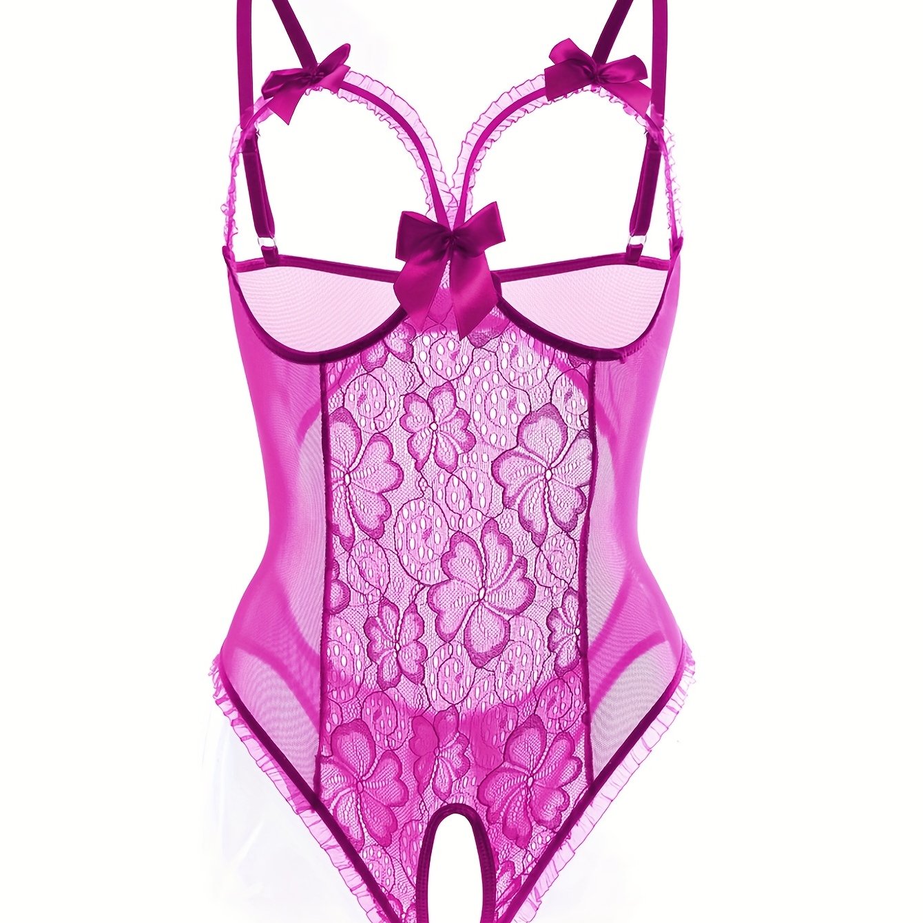 Gul naqshli dantel teddy, ochiq ko'krak va ochiq qorin bilan, ayollar uchun ruffle bodysuit ichki kiyim.