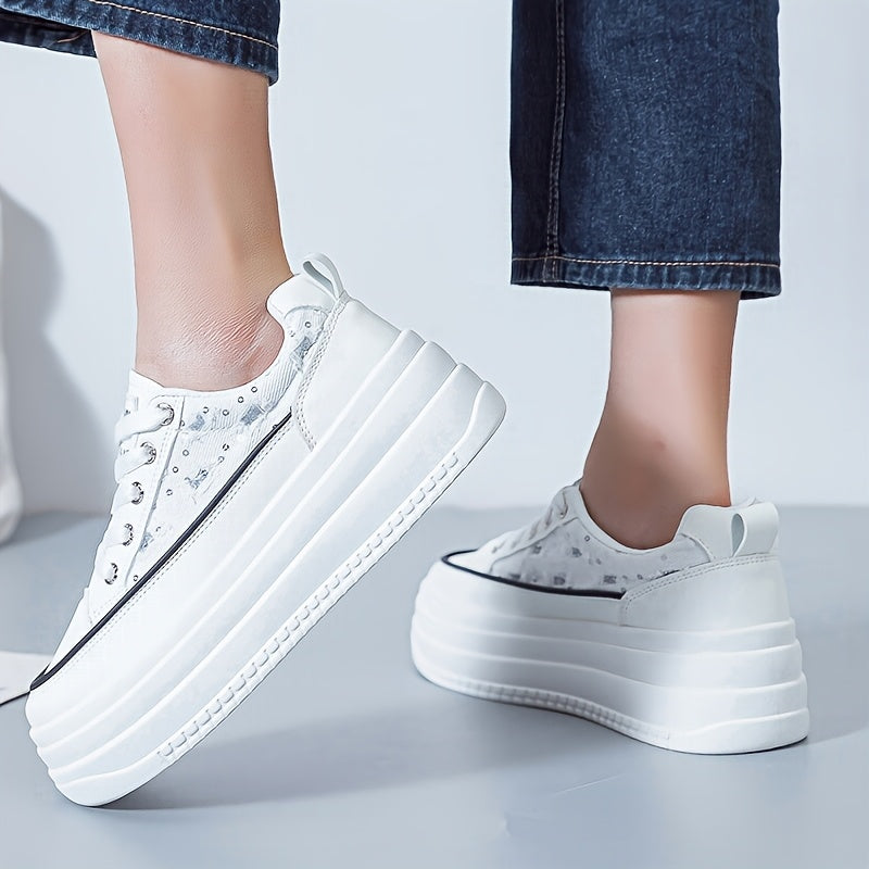 Women's Casual White Sneakers Low-Top Lace-Up Breathable Fabric
