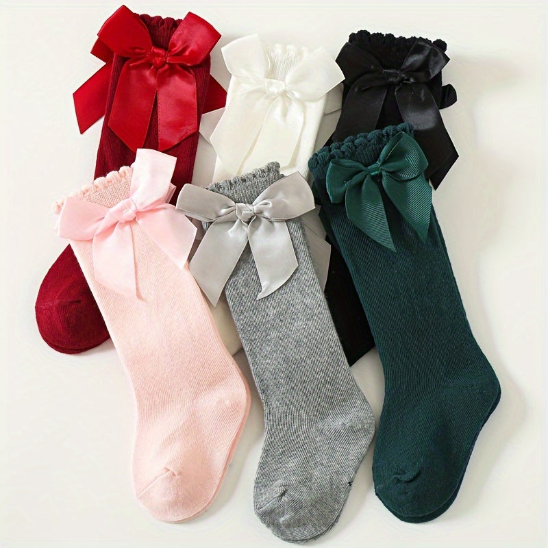 Kids Knee-High Socks for Girls 0-5 Years Cotton Ruffled Princess Bows Mix Colors