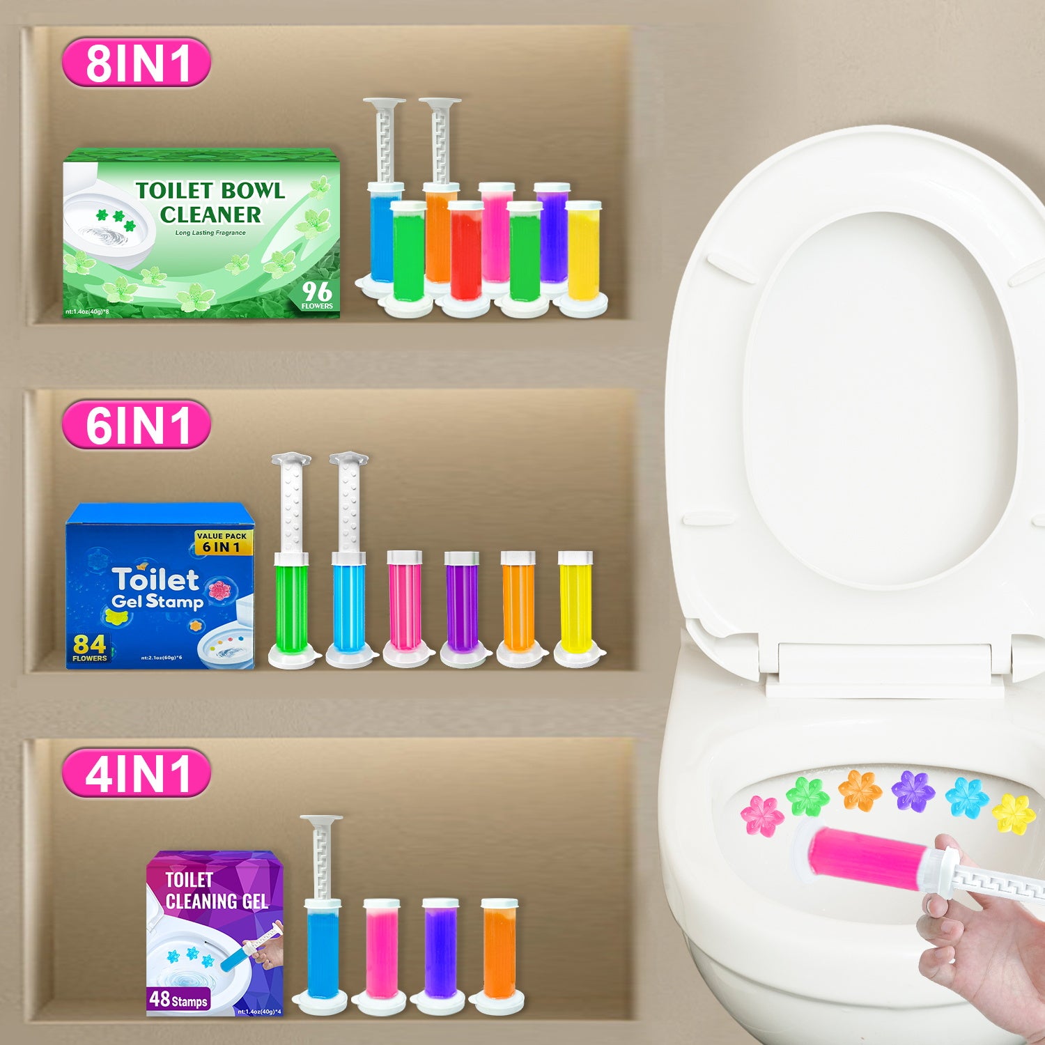 Чистящее средство для унитаза с гелевой печатью - 4/6/8 шт./упаковка, предотвращает образование известкового налета и пятен, освежающий аромат, дезодорирующее, включает диспенсер