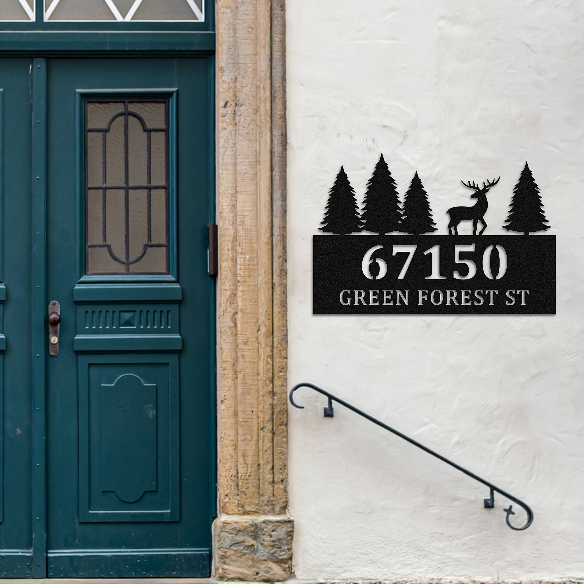 Metal House Number Sign with Forest and Deer Silhouette Waterproof Wall Art for Outdoor Entryway