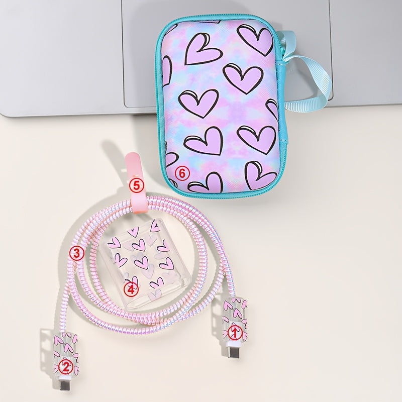 Set of 6 Heart Pattern EVA Cable Management Accessories for iPhone 20W Fast Charging