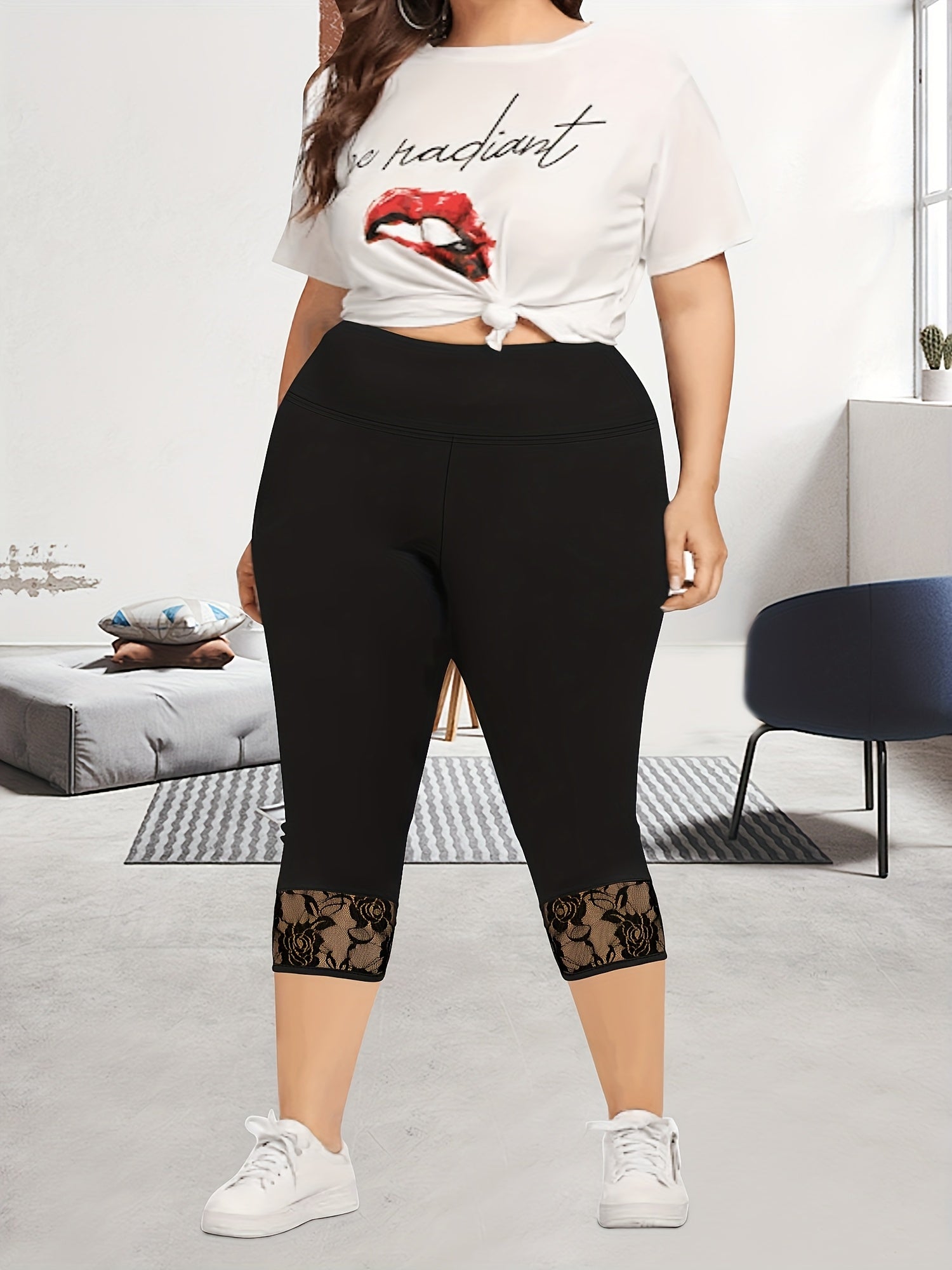 Plus Size Women’s High-Waisted 7/8 Leggings with Lace Trim Yoga Workout Pants