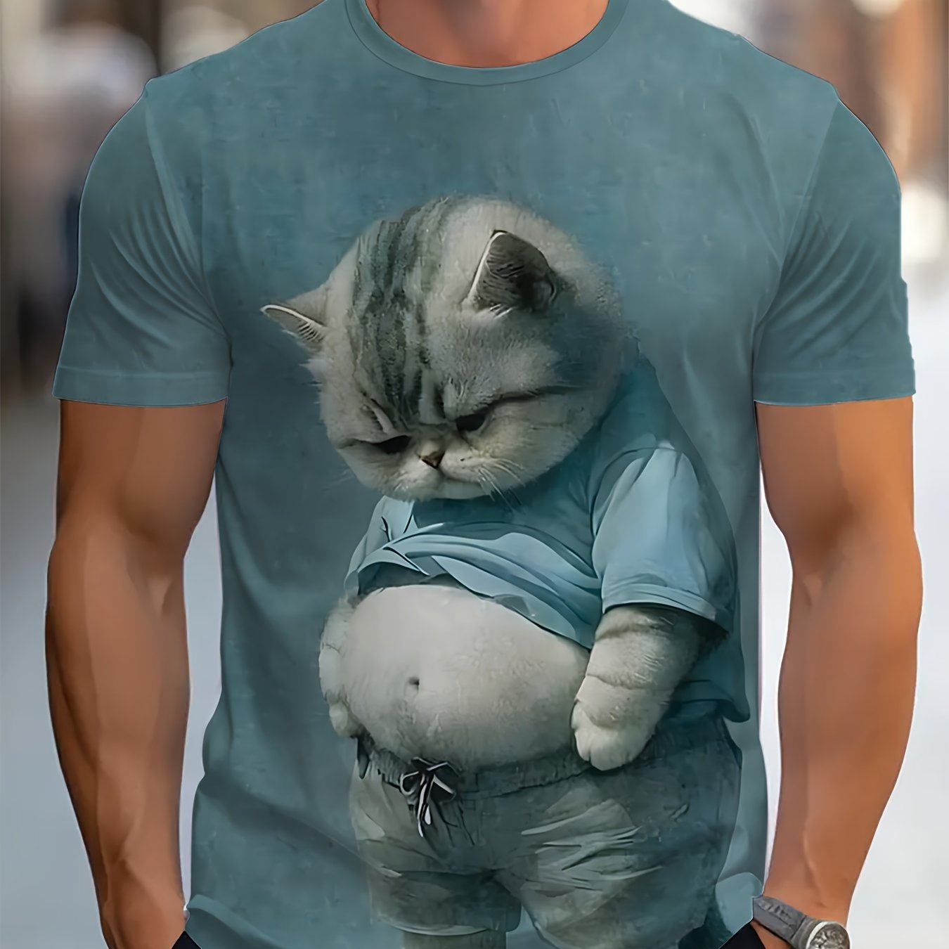 Camiseta de manga corta de poliéster tricotado con impresión de gato 3D para adultos y adolescentes, casual, verano, primavera, otoño