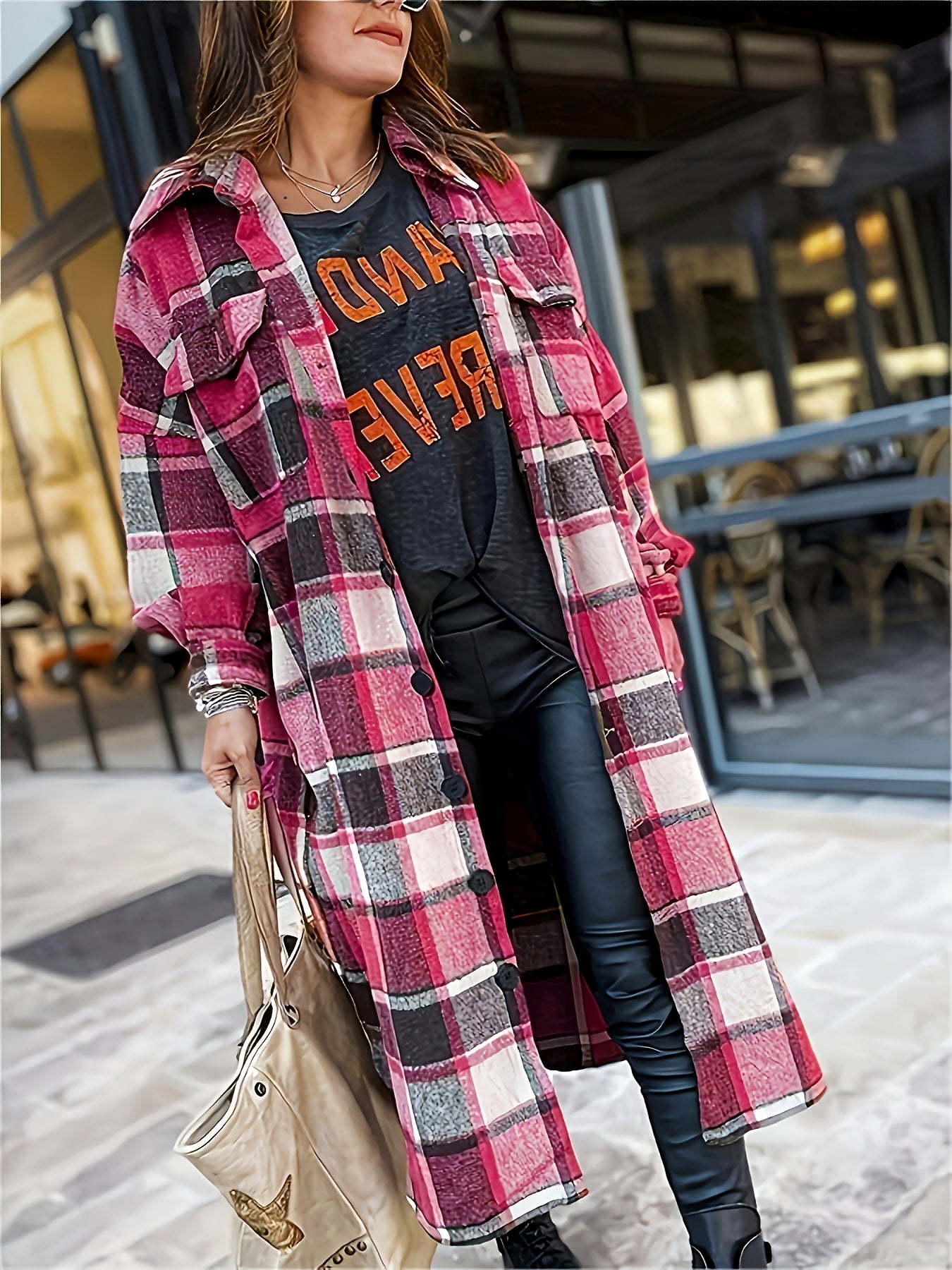 Plus Size Plaid Trench Coat with Side Slits Lapel Collar Fleece Blend Casual Outerwear