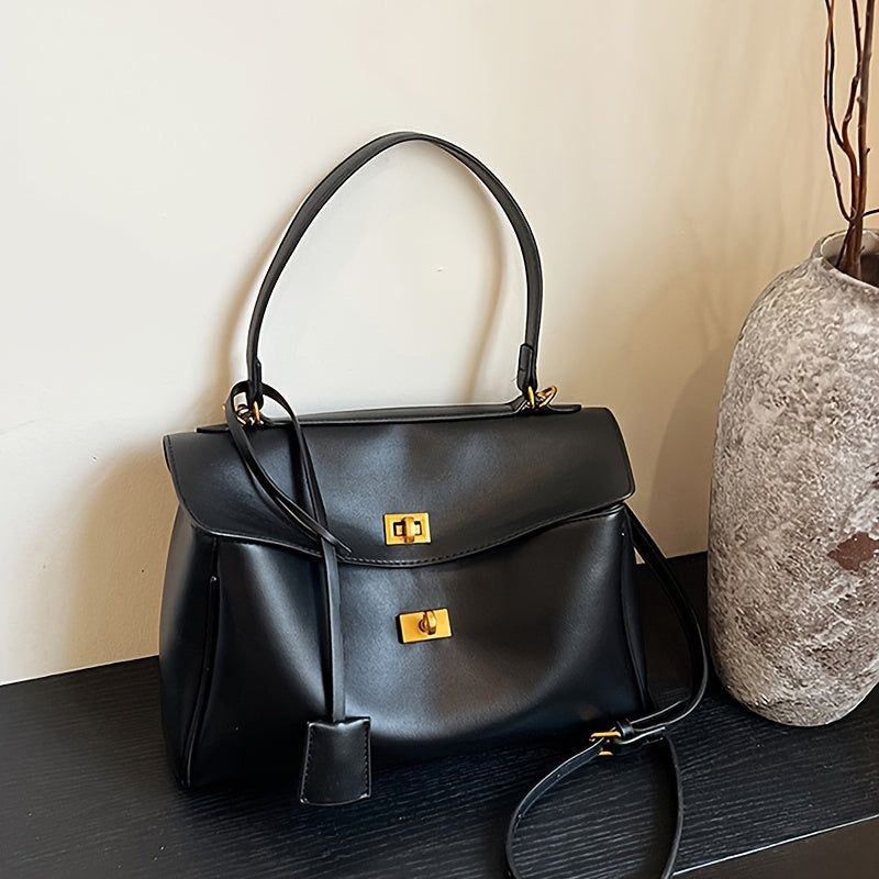 Women's Black PU French-Style Soft Tote Bag with Large Capacity for Daily Use