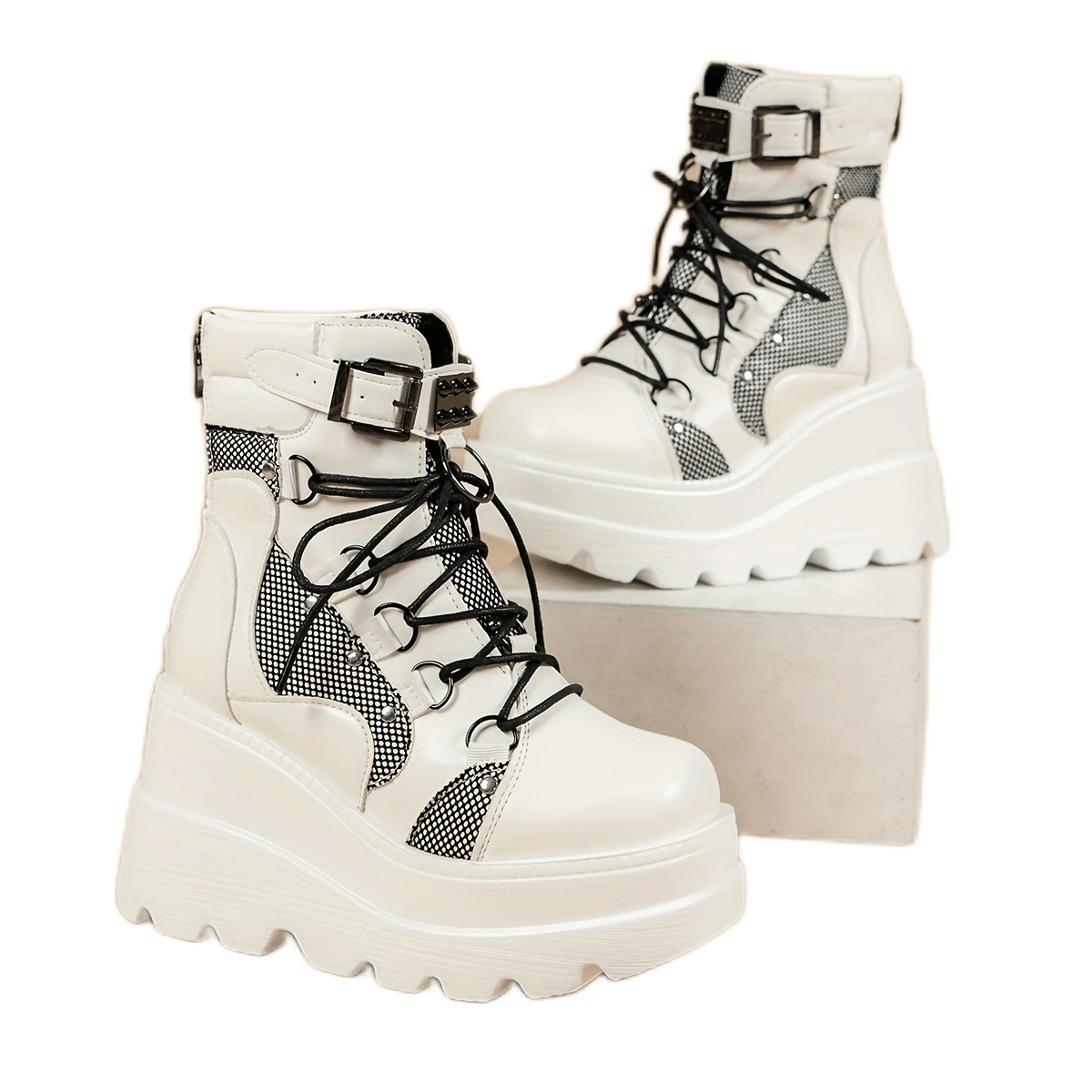 Women's Platform Punk Style Lace Up Boots with Zipper in Solid Color