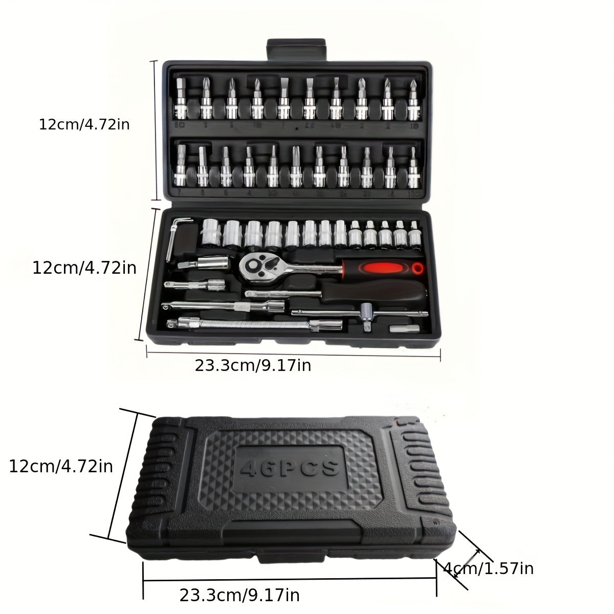 Juego de llaves de vaso de acero cromo vanadio de 46 piezas con carraca, juntas universales, extensiones y adaptador para taladro para reparación automotriz y del hogar