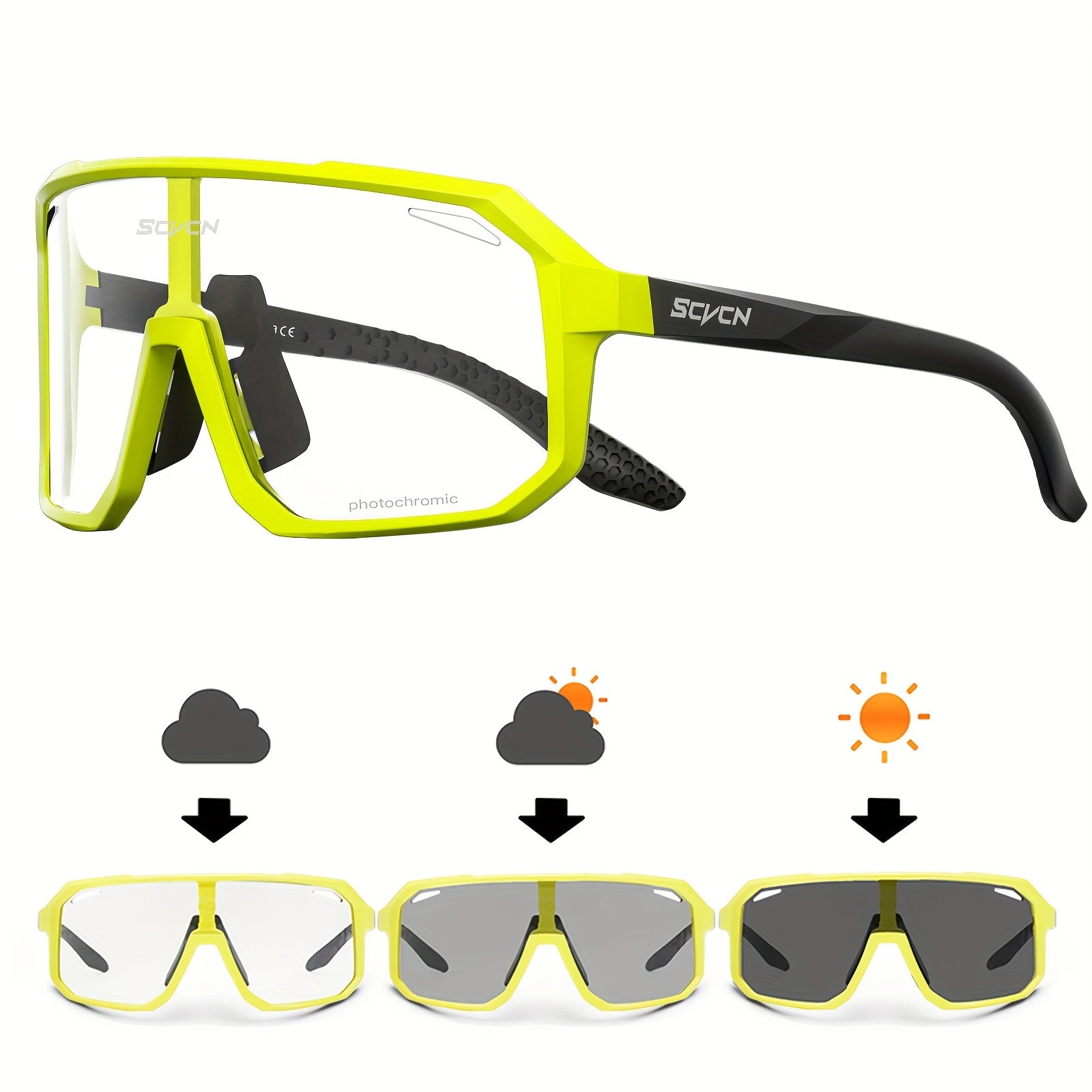 SCVCN Glasses equipped with photochromic lenses specially crafted for cycling, road driving, mountain running, and other outdoor sports. These glasses offer protection against wind for both men and women.