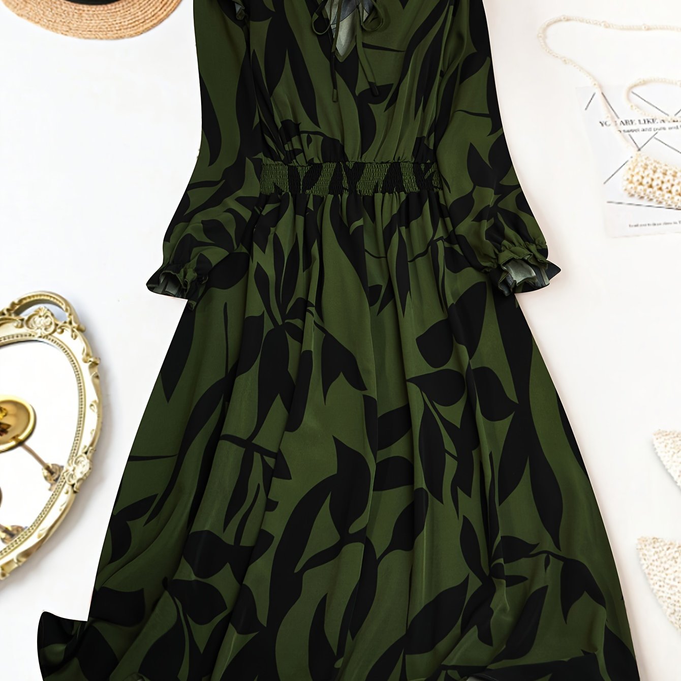 Plus Size V-Neck Dress with Puff Sleeves Pleated Fit and Flare All-Season