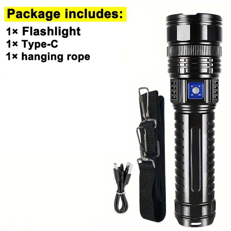 Новый перезаряжаемый тактический фонарь с встроенной батареей 15000mAh и COB светом, обеспечивающий дальнобойное освещение.